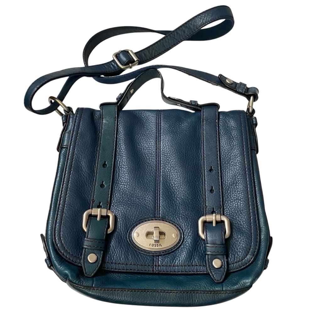 Fossil Maddox Dark Teal Blue Pebbled Leather Shoulder Bag Purse Flap Lock